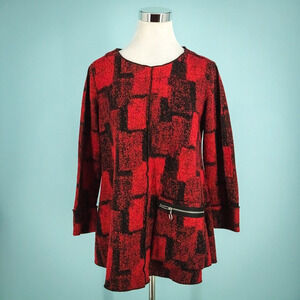 Ali Miles Size Small S Red Black Print Crew Neck Long Sleeve Artsy Tunic Top